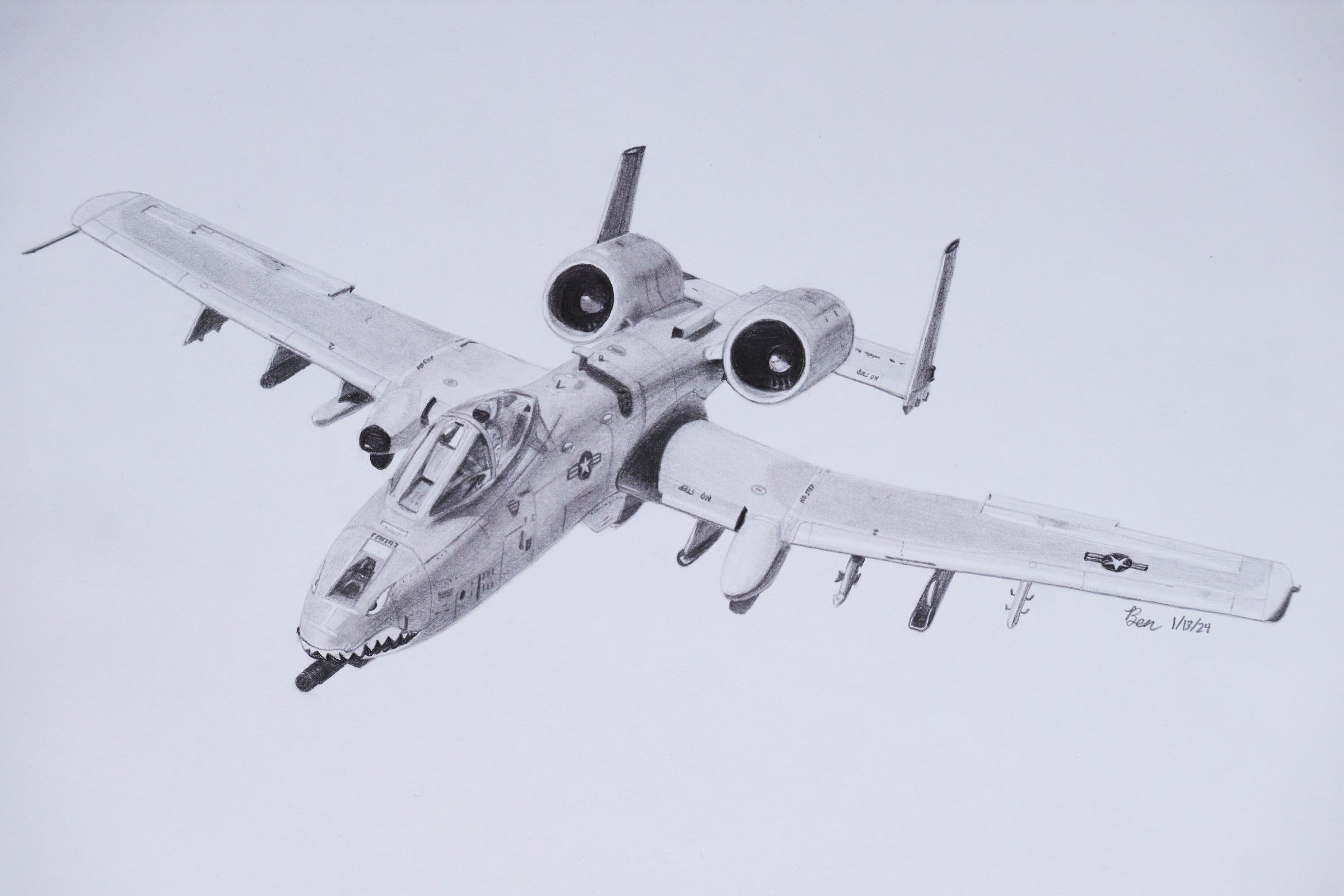 Grayscale drawing of an A-10, front view