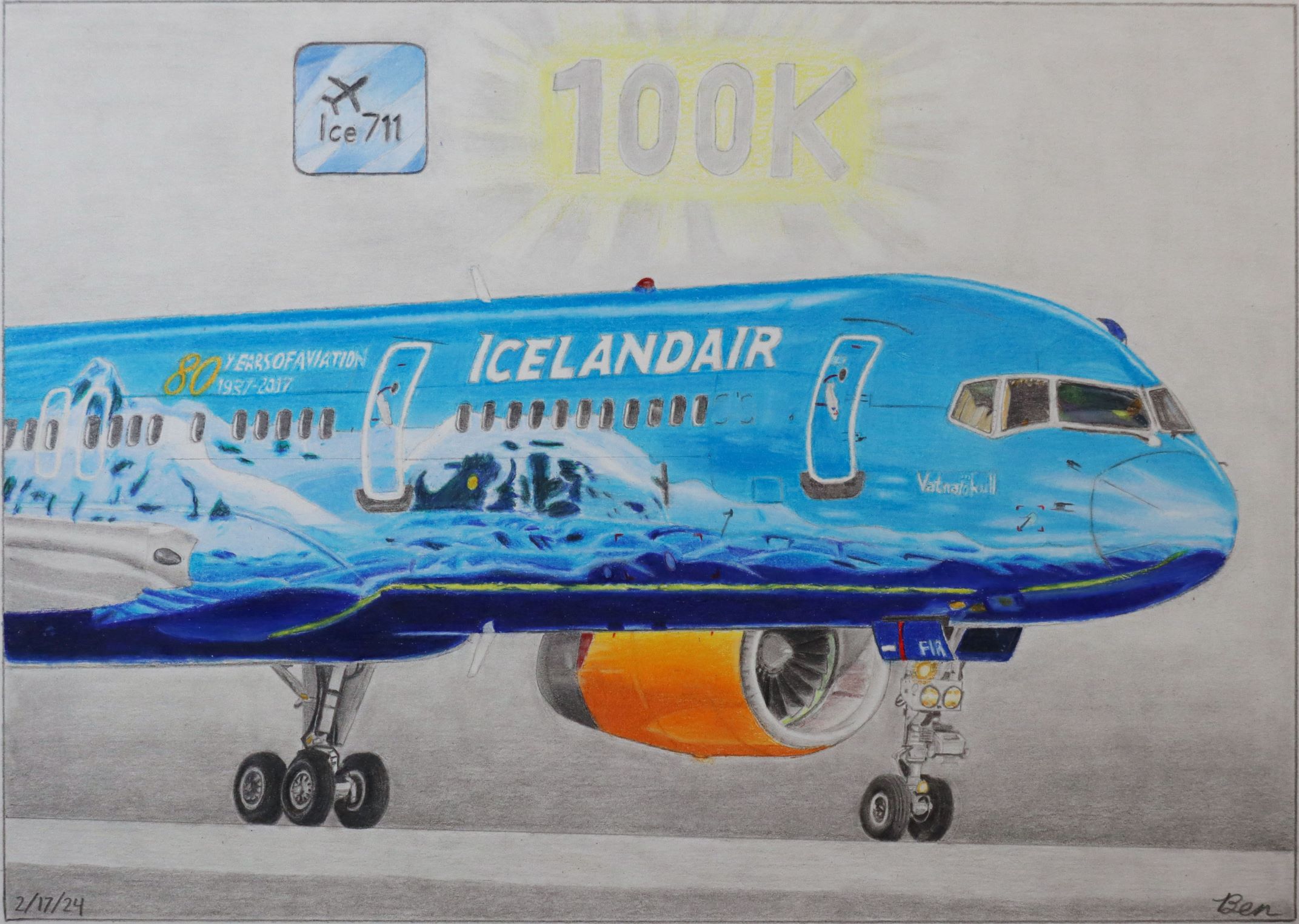 Color drawing of a Boeing 757 in Icelandair's special Vatnajökull glacier livery, front right section