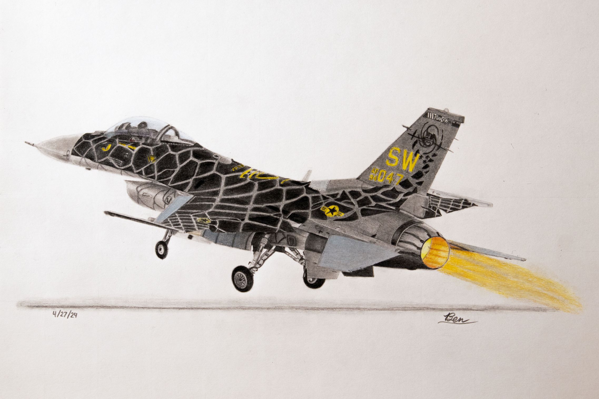 Color drawing of F-16 in Viper Demo Team livery, left/rear view during afterburner takeoff